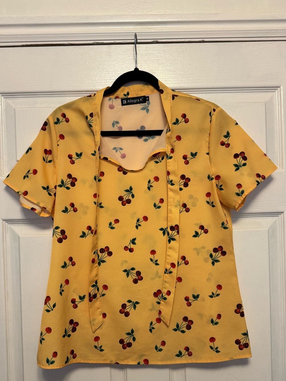Allegra K Yellow Cherry Print Short Sleeve Blouse